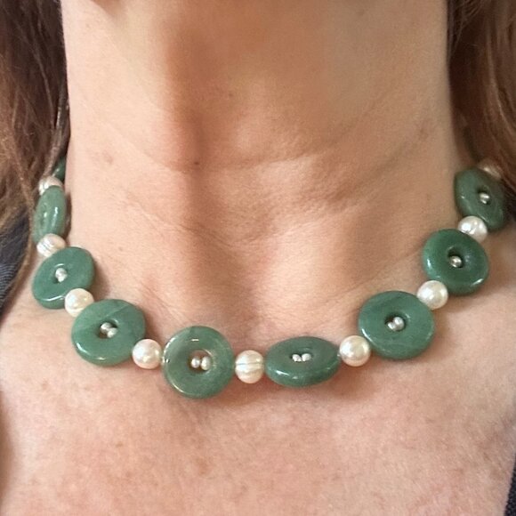Jade and Freshwater Pearl Statement Necklace Choker Good Luck - Picture 4 of 8
